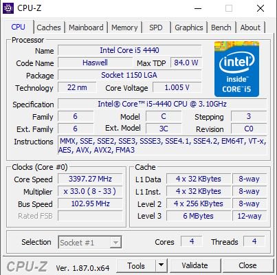 Captura de tela do funcionamento do Software CPU-Z